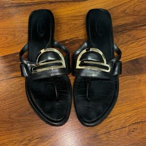 Tod's Black Leather Sandals Gold Logo Buckle Size US 11